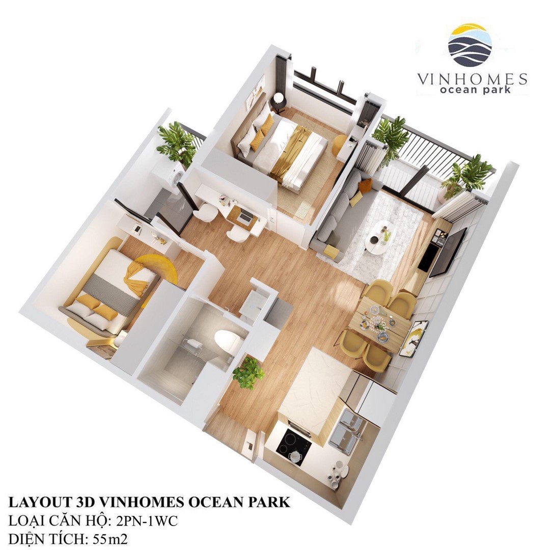 Cho Thuê Căn Hộ Ocean Park 2PN- 55m2 Đông Nam Tòa S2.07 Full Đồ Thoáng Mát